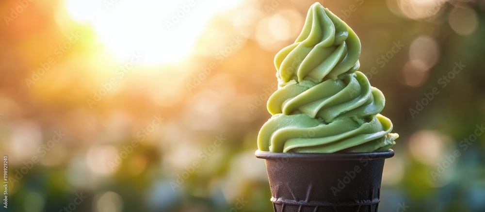 Poster green matcha soft serve ice cream in cone with bokeh background and sunlight copy space