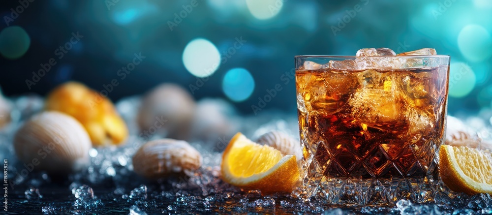 Poster glass of whiskey with ice and lemon slices on ice with scattered shells against a blue bokeh backgro