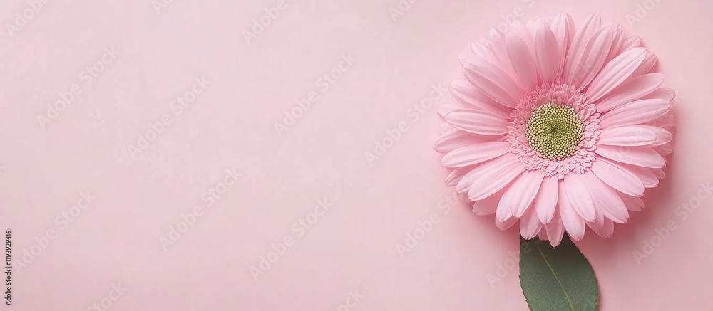 Aufkleber pink gerbera daisy flower on soft pink background with green leaf and ample copy space for text plac