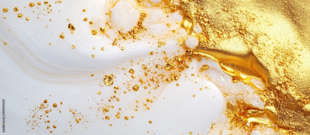 Poster abstract gold and white texture with liquid metallic paint and sparkling particles on smooth surface