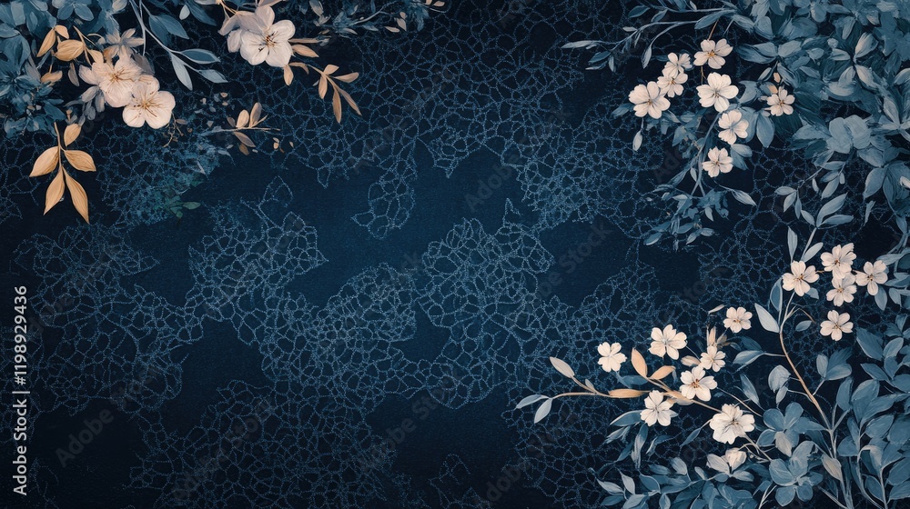 Aufkleber floral pattern background with dark blue texture and white flowers in corners featuring ample copy s