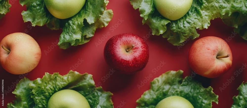 Aufkleber red and green apples arranged on a bed of lettuce with a red background copy space