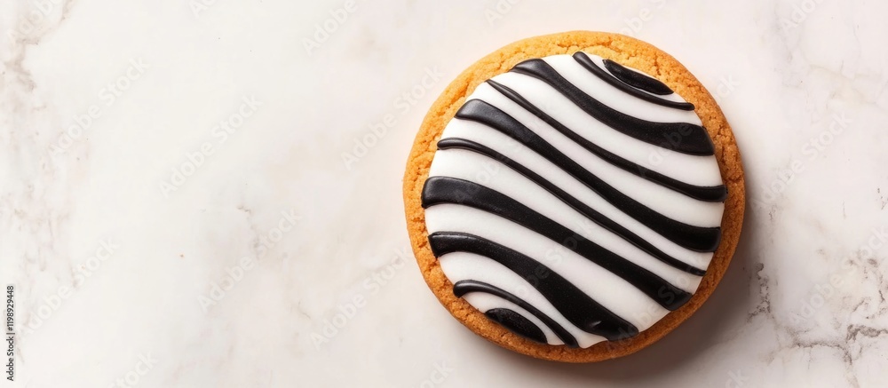 Poster zebra striped cookie on marble background with copy space for text placement