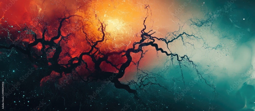 Poster abstract cosmic background with vibrant colors and intricate patterns resembling electric branches i