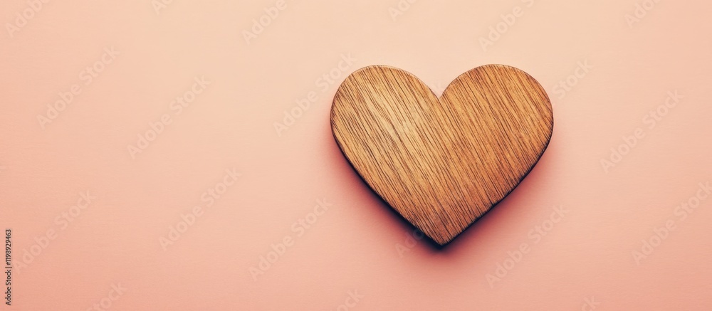 Poster wooden heart shape on soft pink background with ample copy space for text placement.
