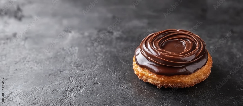 Poster chocolate frosted donut on dark textured background with copy space for text insertion