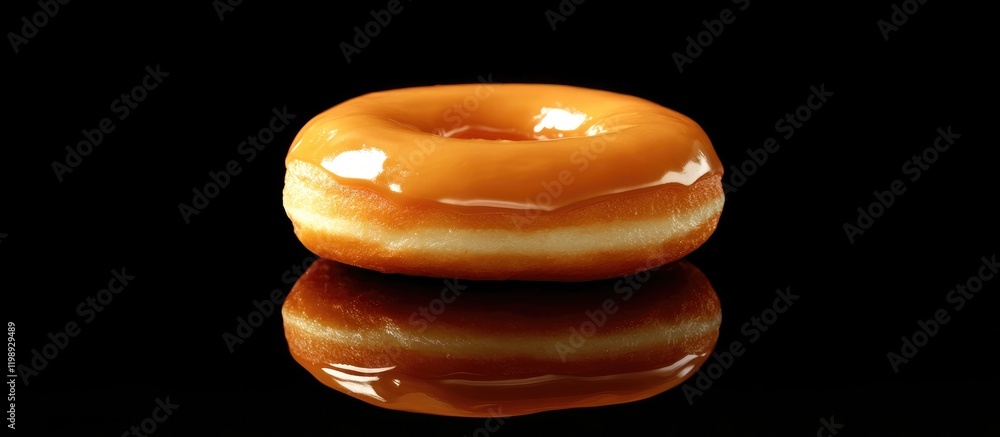 Poster glazed donut on a reflective black surface with copy space for text