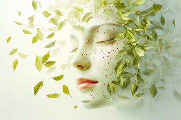A serene human face with closed eyes surrounded by green leaves, symbolizing calmness, health, and nature on a light background