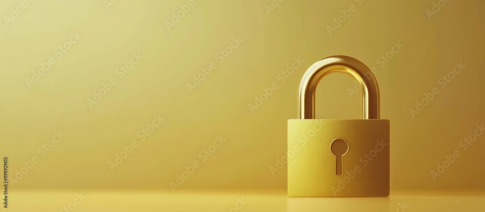 Aufkleber golden padlock on a shiny yellow background with copy space for text placement