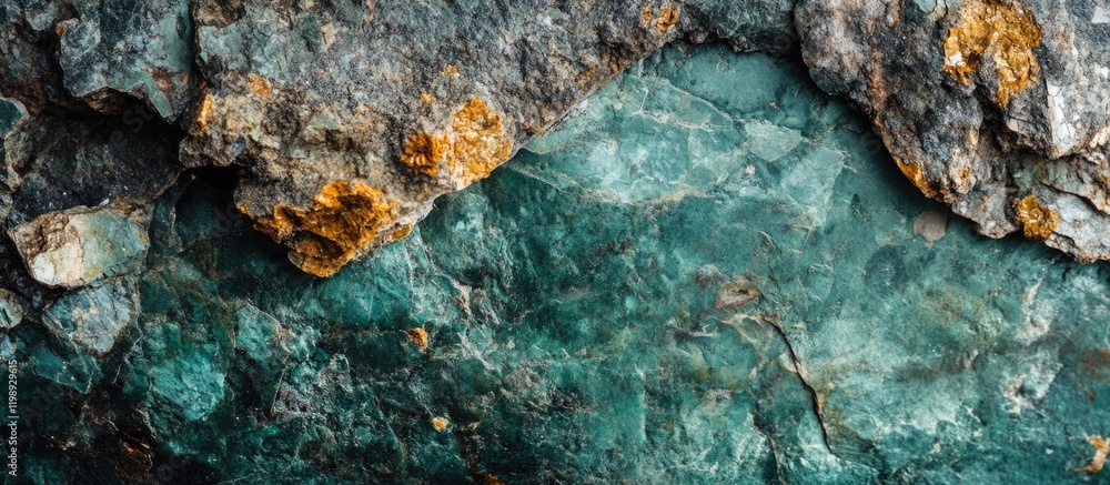 Poster close-up view of textured turquoise and gray mineral rock surface with natural patterns and copy spa