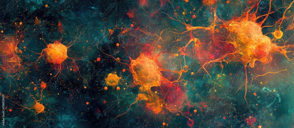 Poster abstract depiction of colorful organic cells and structures in a dark cosmic background with vibrant