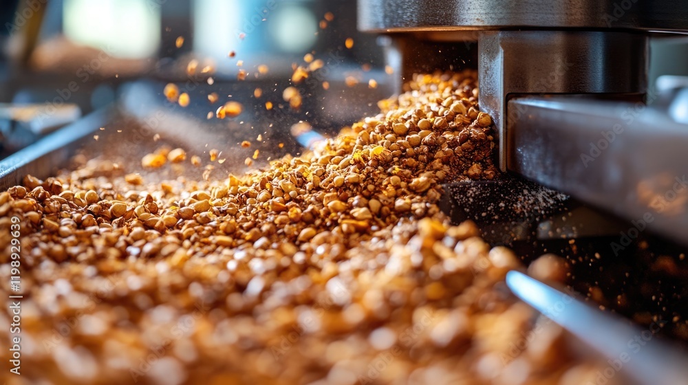Poster close-up of roasted coffee beans cascading from a grinder with motion blur and fragments scattering,