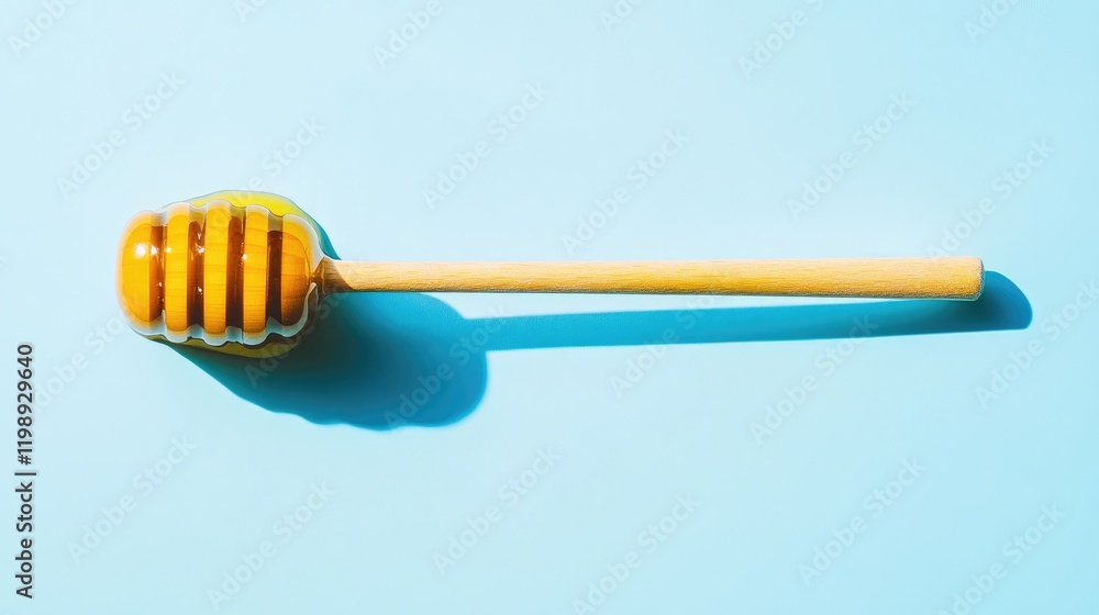 Poster honey dipper with honey on a light blue background with shadows and copy space for text placement