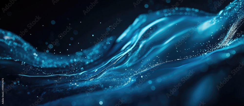 Poster abstract blue water waves with sparkling droplets on a dark background featuring copy space for text