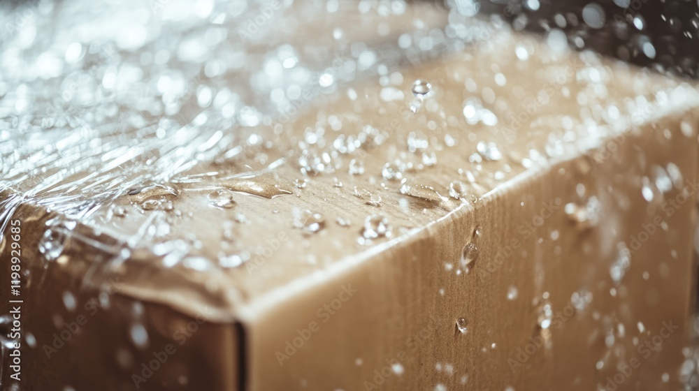 Poster water droplets on a cardboard box with plastic wrap highlighting texture and moisture with copy spac