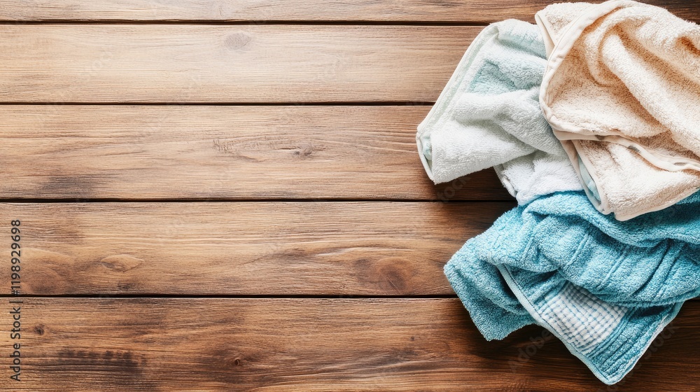 Aufkleber stacked colorful towels on a wooden surface with copy space for text placement. natural light enhanc