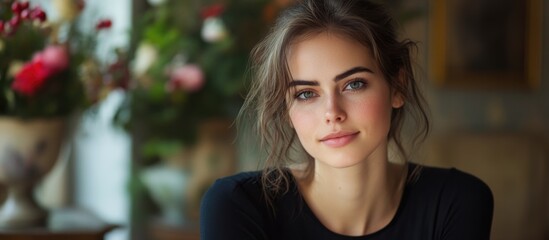 Obraz premium Portrait of a young woman with soft features sitting indoors with flowers in the background and copy space available for text