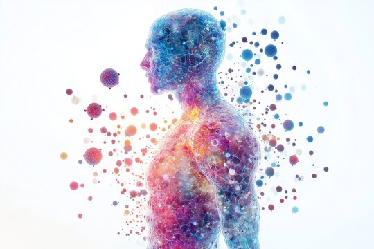 A human figure with a translucent body composed of glowing cells surrounded by microscopic particles, symbolizing health, immunity, and the complexity of biological systems