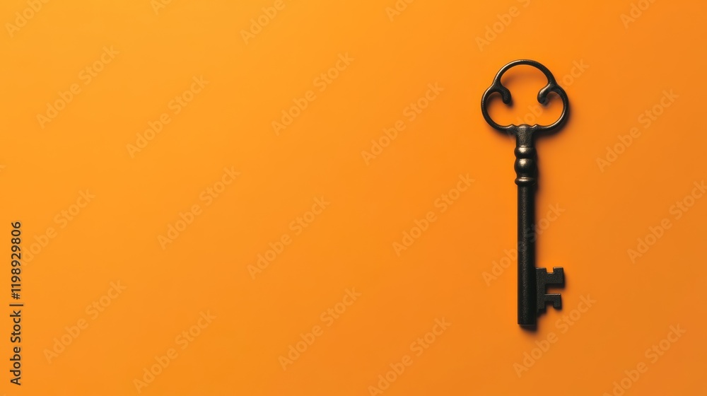 Poster old key on a vibrant orange background with ample copy space for text placement.