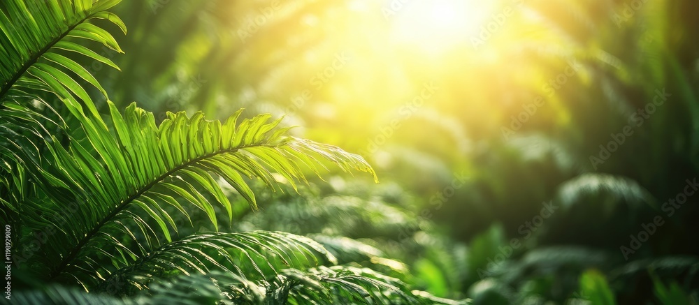 Poster lush green ferns illuminated by sunlight in a natural setting with copy space for text.