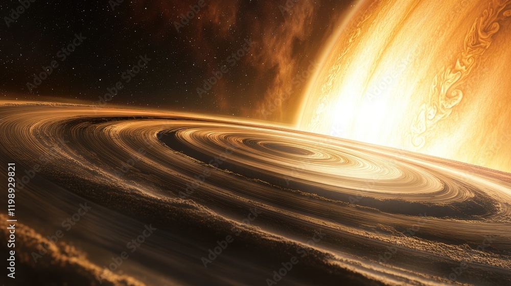 Poster abstract representation of a giant planet with swirling layers and a bright sun-like star illuminati