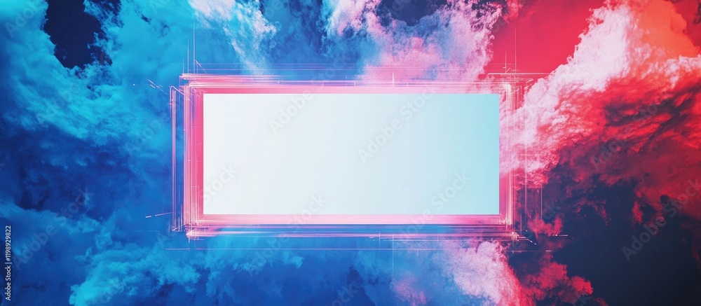 Poster abstract colorful background with vibrant blue and red clouds framing a blank copy space for text or