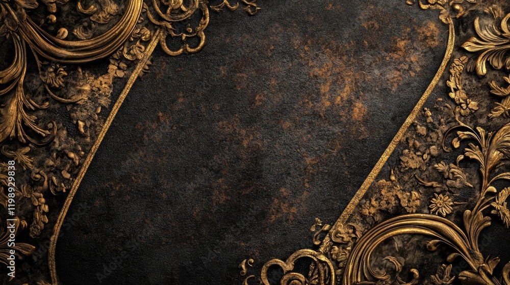 Poster ornate vintage background with floral gold patterns on dark textured surface and copy space for text