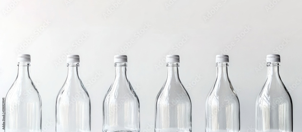 Poster row of six clear glass bottles with silver caps on a neutral background showcasing copy space for te