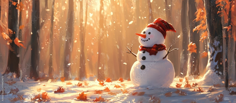 Aufkleber snowman in winter forest during snowfall with warm sunlight filtering through trees and colorful aut