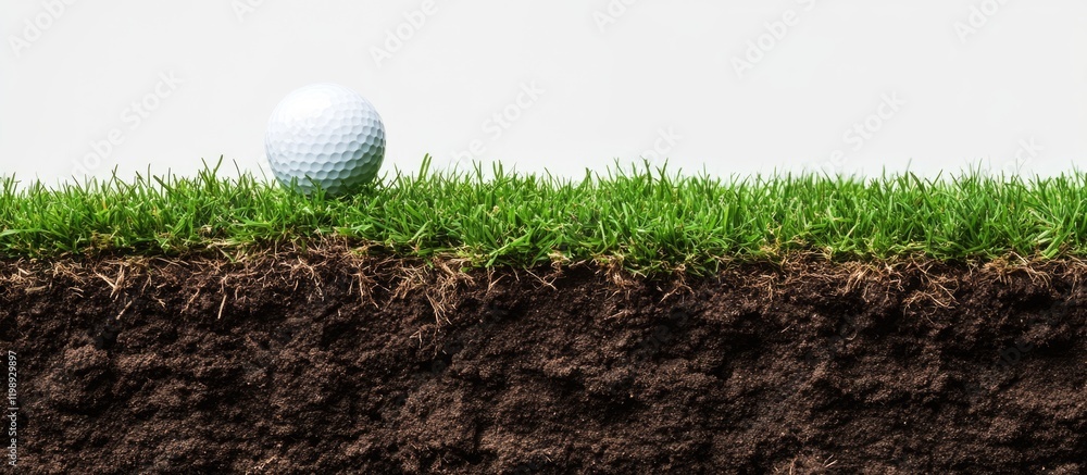Poster golf ball resting on grass over dark soil layer with copy space for text placement