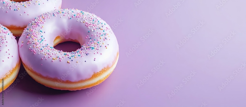 Aufkleber frosted donuts with sprinkles on a purple background with copy space for text placement