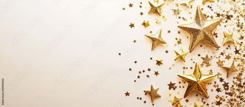 Poster golden stars and festive confetti on a light background with copy space for text or design elements