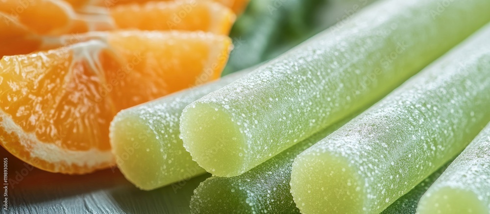Poster fresh green celery sticks with orange citrus slices on a wooden surface with copy space for text.