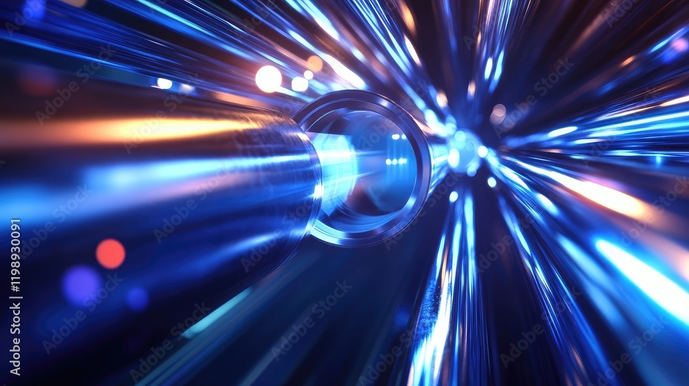 Poster abstract blue and orange light burst in a futuristic tunnel effect with radial lines and glowing par