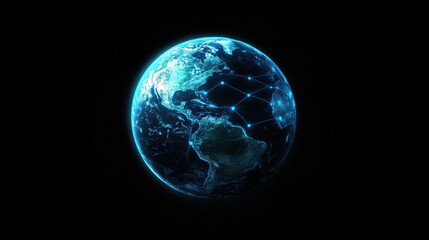 Digital globe featuring a blue connection network, highlighting global communication concepts.