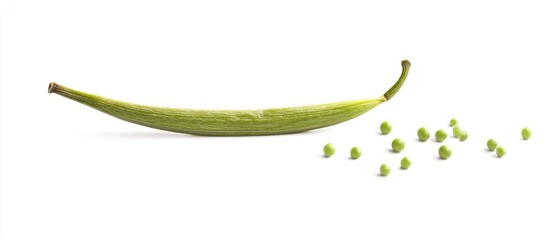 Green pod of a vegetable with scattered seeds on a white background featuring Copy Space for text placement