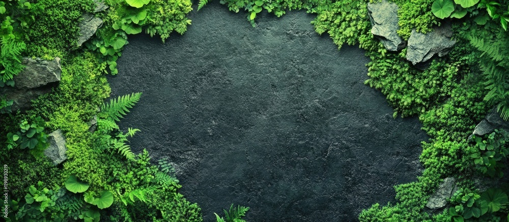 Poster lush green foliage and rocks framing a dark textured background with ample copy space for text place