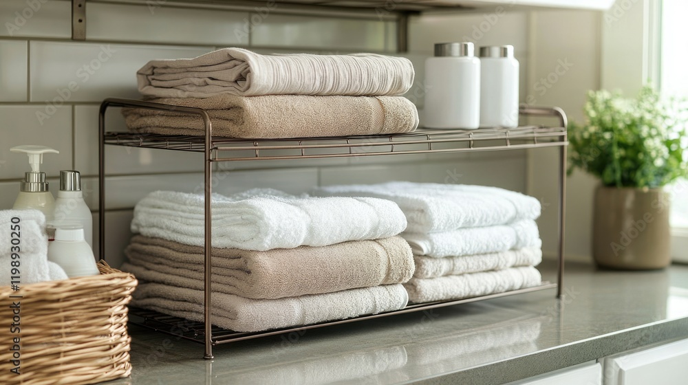 Aufkleber neatly arranged towels on a metal shelf in a modern kitchen setting with decorative containers and g