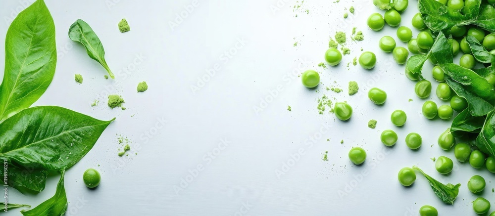 Poster fresh green peas and basil leaves arranged on a light background with copy space for text placement.