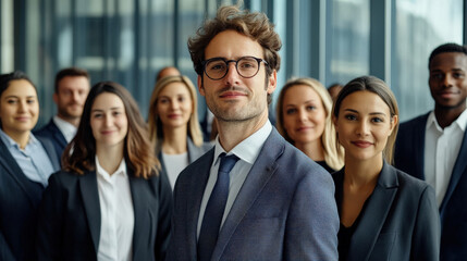 Obraz premium Professional group portrait of diverse business team in office setting, showcasing teamwork and collaboration. individuals are dressed in formal attire, exuding confidence and unity