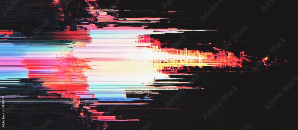 Poster abstract digital art with vibrant colors and blurred horizontal lines on a dark background. copy spa