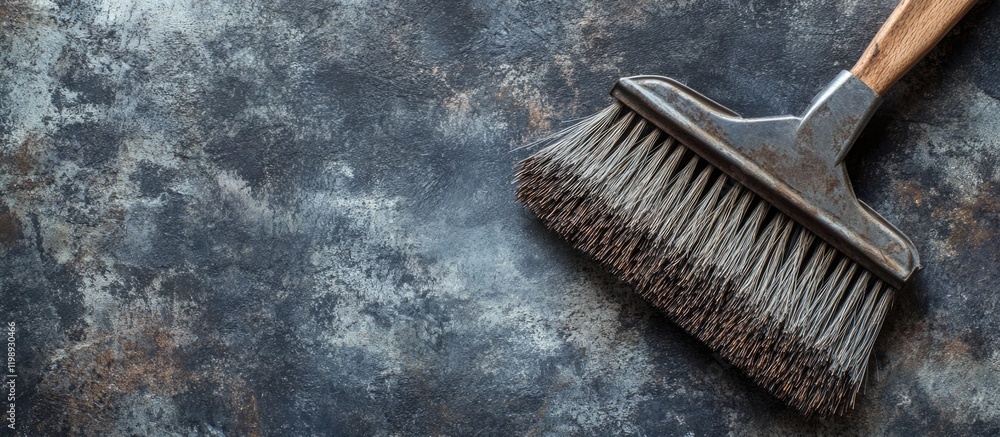 Poster rustic metal surface with a vintage cleaning brush, ideal for texture backgrounds and copy space for