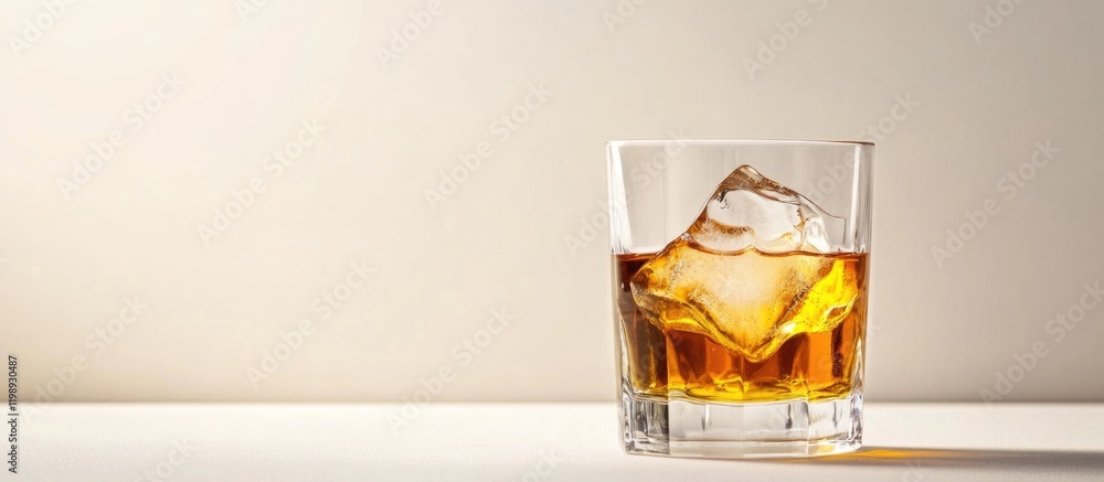 Poster whiskey glass with ice cube on light background with copy space for text