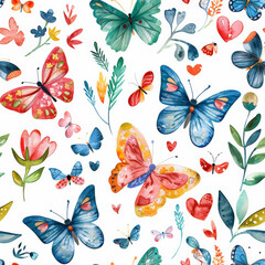 Colorful butterflies and flowers in seamless watercolor pattern, perfect for design