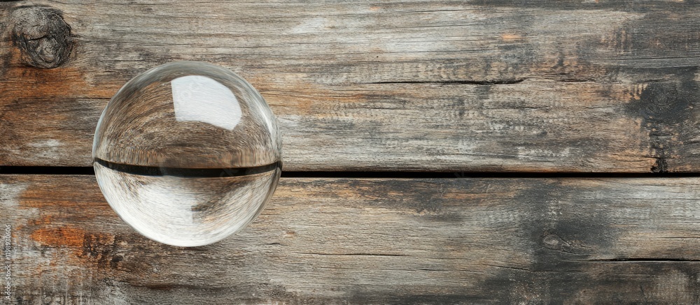 Poster crystal clear glass sphere positioned on rustic wooden planks with copy space for text insertion.
