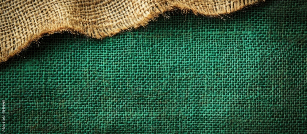 Poster textured burlap fabric in shades of brown overlaying a green canvas background with ample copy space
