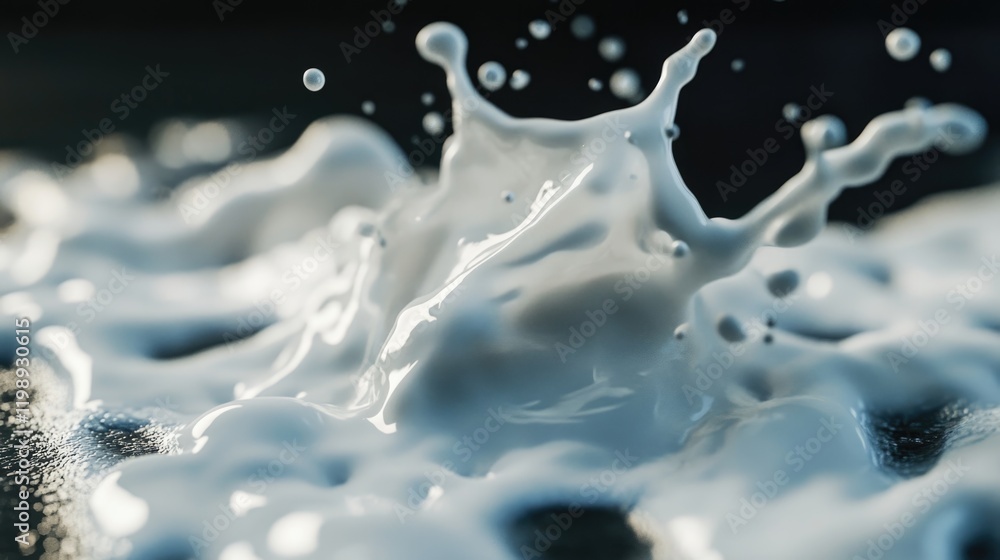 Poster close-up of milk splash with droplets and waves against dark background creating dynamic fluid motio