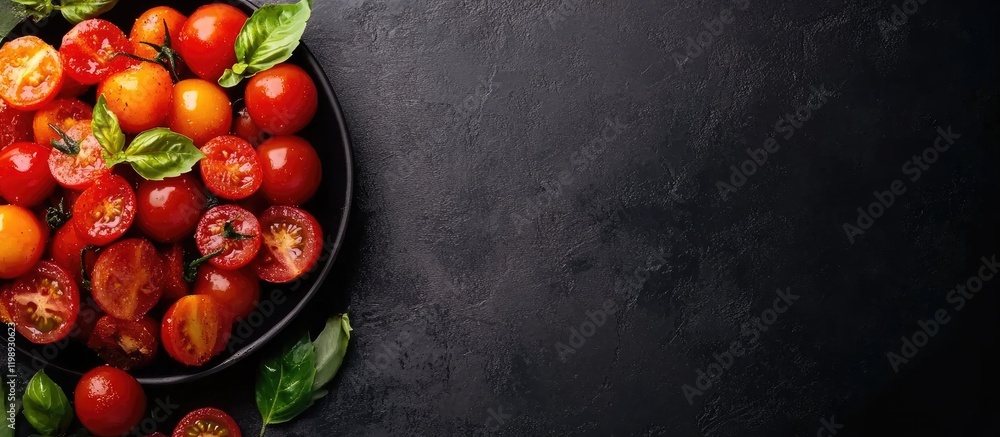 Poster colorful fresh tomatoes and basil leaves on a dark textured surface with ample copy space for text o
