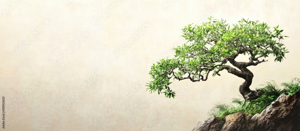 Poster lonely tree on a rocky hill with light background and greenery copy space for text placement