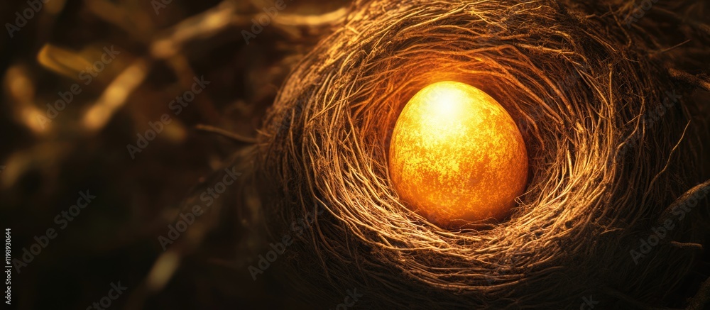 Poster golden egg in a rustic nest illuminated with warm light copy space